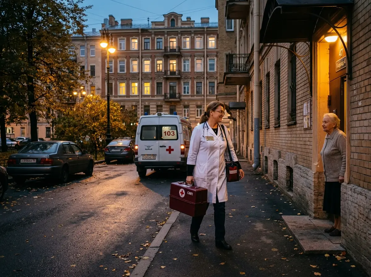 Врач-нарколог в белом халате с медицинским чемоданчиком приезжает на вызов в жилой район Санкт-Петербурга, вечернее освещение, доверительная атмосфера