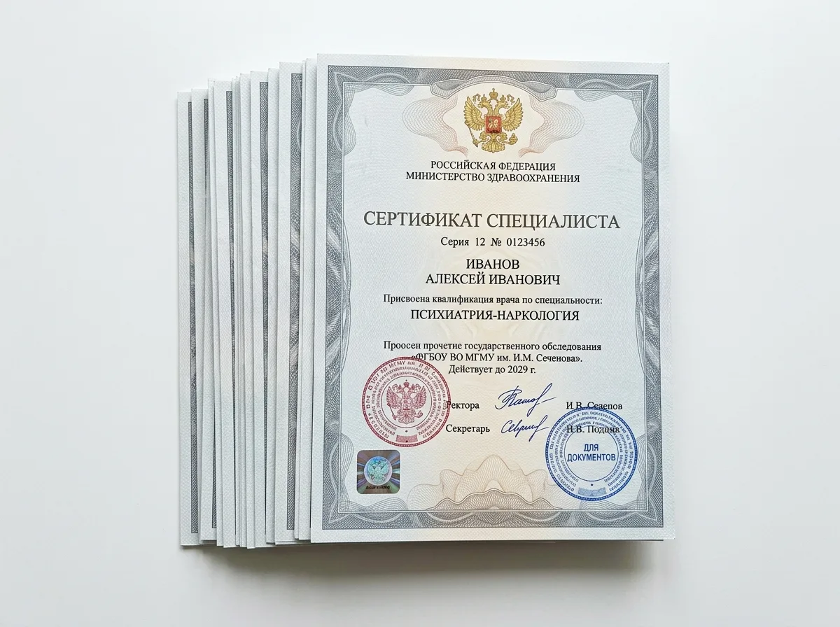 Стопка медицинских сертификатов специалиста врача-психиатра-нарколога на белом фоне, официальные документы с гербом
